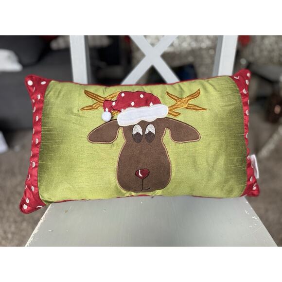 The Royal Standard Christmas Reindeer Pillow Holiday Decor Red Green Polka Dot - Picture 1 of 6
